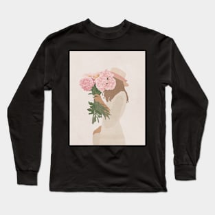 Girl with flowers, Peonies, Hat, Boho style art, Mid century art Long Sleeve T-Shirt